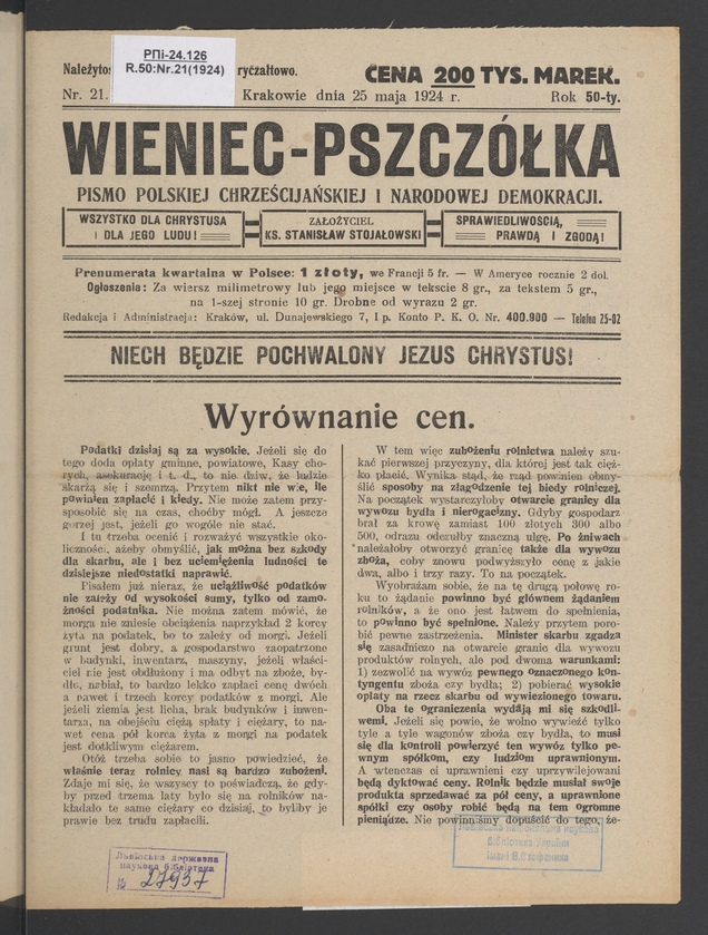 Wieniec-Pszczółka : pismo polskiej chrześcijańskiej i narodowej demokracji. Rok 50, 1924, numer 21