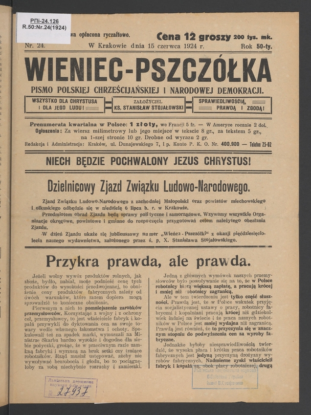 Wieniec-Pszcz&oacute;łka&nbsp;: pismo polskiej chrześcijańskiej i&nbsp;narodowej demokracji. Rok&nbsp;50, 1924, numer&nbsp;24