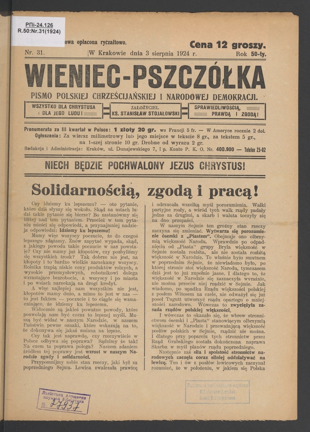 Wieniec-Pszczółka : pismo polskiej chrześcijańskiej i narodowej demokracji. Rok 50, 1924, numer 31