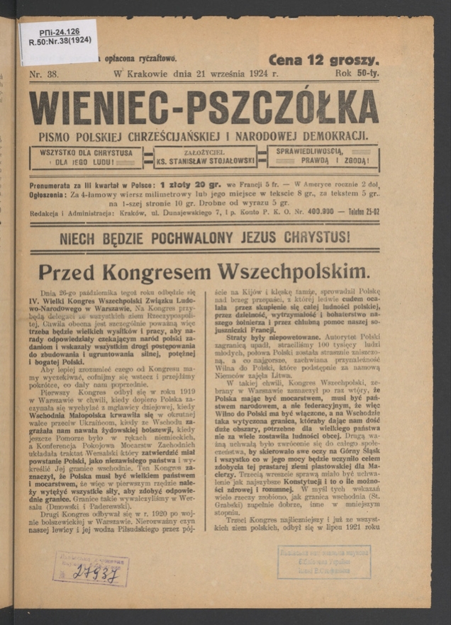 Wieniec-Pszcz&oacute;łka&nbsp;: pismo polskiej chrześcijańskiej i&nbsp;narodowej demokracji. Rok&nbsp;50, 1924, numer&nbsp;38