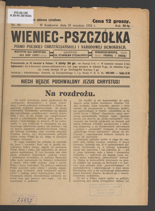 Wieniec-Pszczółka : pismo polskiej chrześcijańskiej i narodowej demokracji. Rok 50, 1924, numer 39
