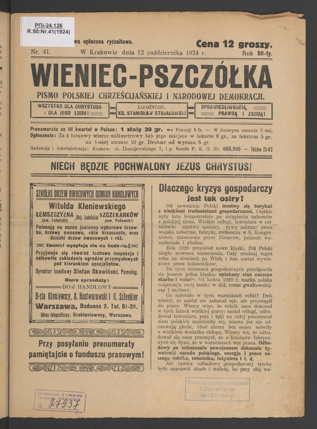Wieniec-Pszczółka : pismo polskiej chrześcijańskiej i narodowej demokracji. Rok 50, 1924, numer 41