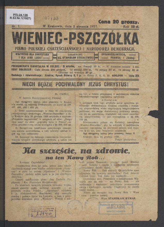 Wieniec-Pszcz&oacute;łka&nbsp;: pismo polskiej chrześcijańskiej i&nbsp;narodowej demokracji. Rok&nbsp;53, 1927, numer&nbsp;1