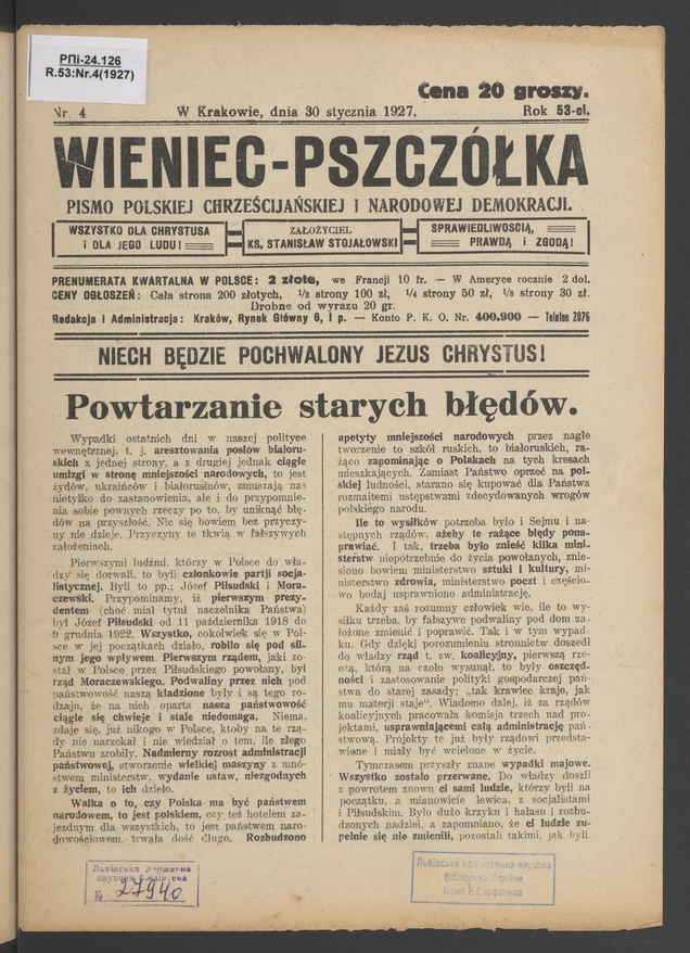 Wieniec-Pszczółka : pismo polskiej chrześcijańskiej i narodowej demokracji. Rok 53, 1927, numer 4