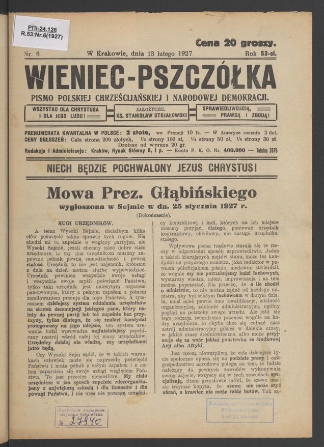 Wieniec-Pszczółka : pismo polskiej chrześcijańskiej i narodowej demokracji. Rok 53, 1927, numer 6