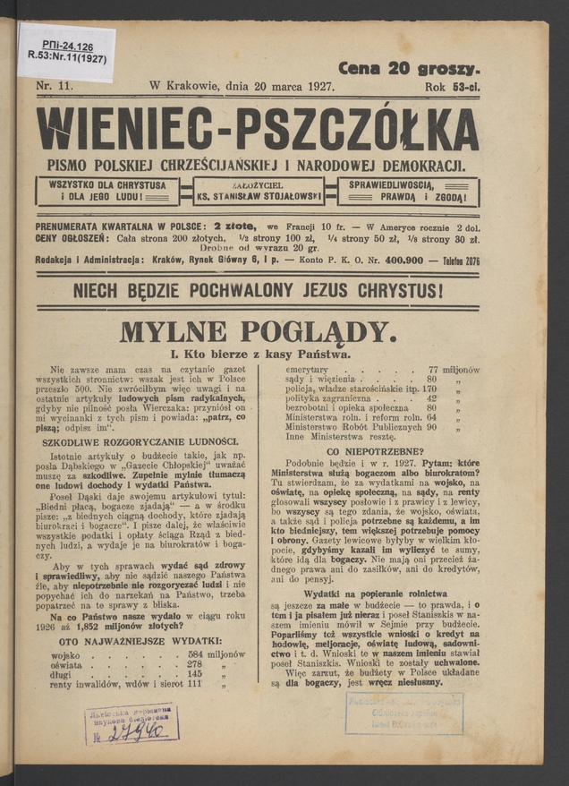 Wieniec-Pszczółka : pismo polskiej chrześcijańskiej i narodowej demokracji. Rok 53, 1927, numer 11