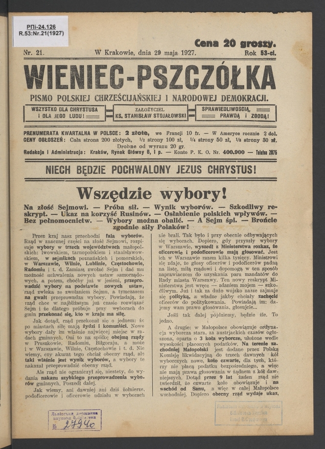 Wieniec-Pszczółka : pismo polskiej chrześcijańskiej i narodowej demokracji. Rok 53, 1927, numer 21