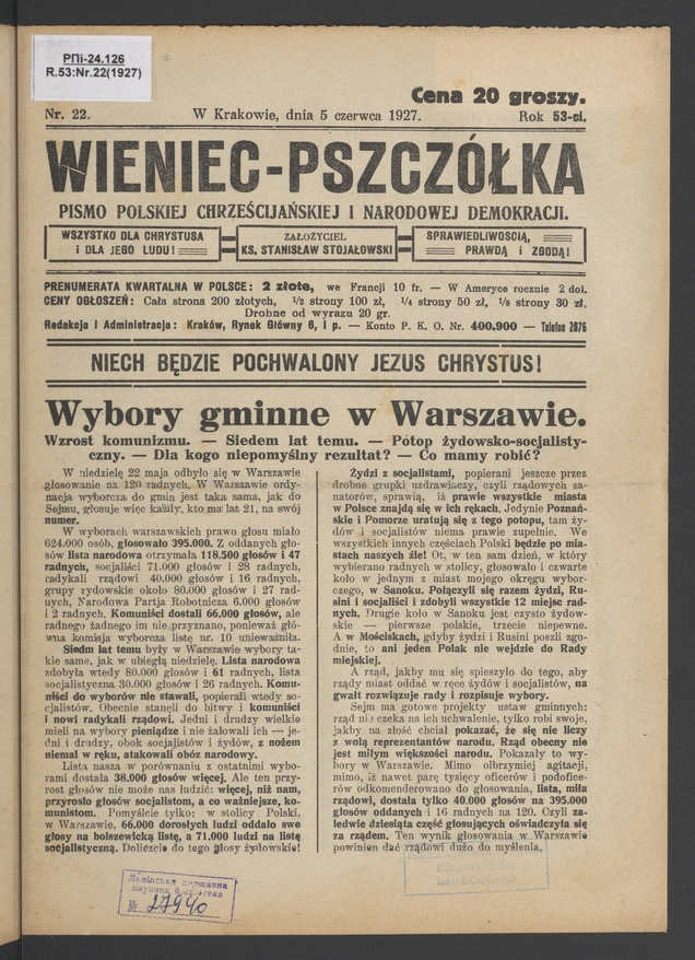 Wieniec-Pszcz&oacute;łka&nbsp;: pismo polskiej chrześcijańskiej i&nbsp;narodowej demokracji. Rok&nbsp;53, 1927, numer&nbsp;22