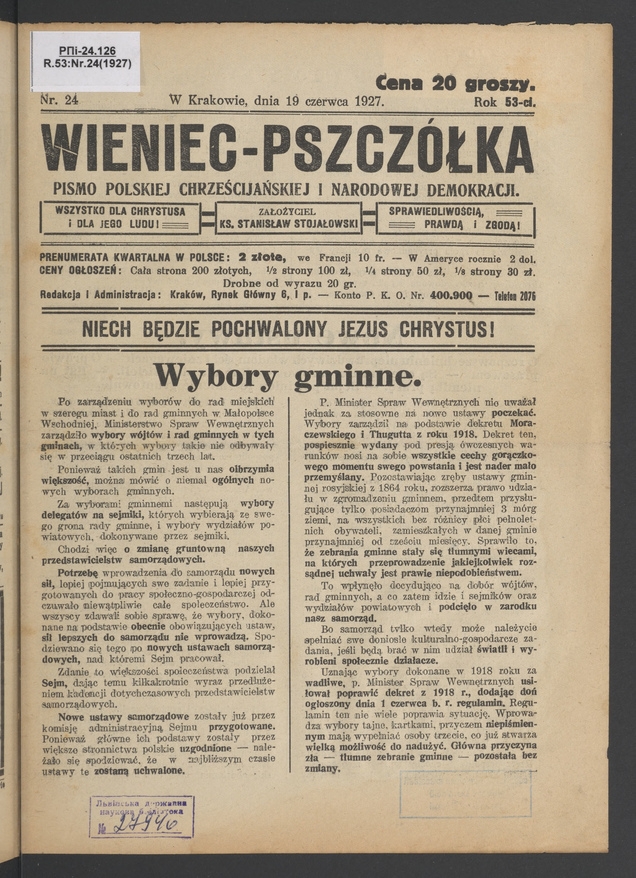 Wieniec-Pszczółka : pismo polskiej chrześcijańskiej i narodowej demokracji. Rok 53, 1927, numer 24