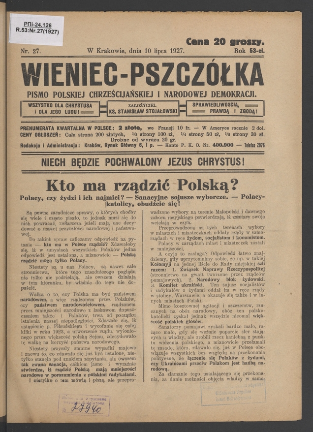 Wieniec-Pszczółka : pismo polskiej chrześcijańskiej i narodowej demokracji. Rok 53, 1927, numer 27