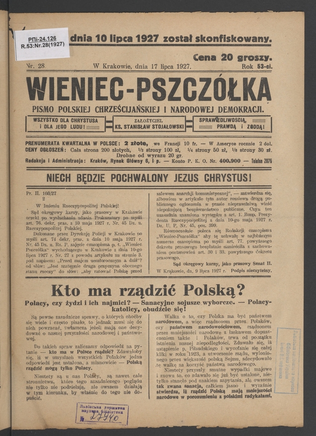 Wieniec-Pszcz&oacute;łka&nbsp;: pismo polskiej chrześcijańskiej i&nbsp;narodowej demokracji. Rok&nbsp;53, 1927, numer&nbsp;28