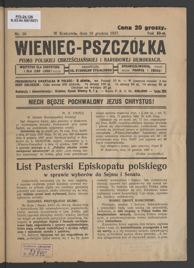 Wieniec-Pszczółka : pismo polskiej chrześcijańskiej i narodowej demokracji. Rok 53, 1927, numer 50