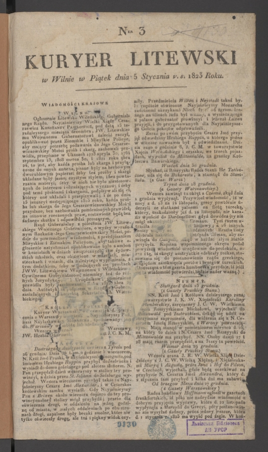 Kuryer Litewski. 1823, numer&nbsp;3