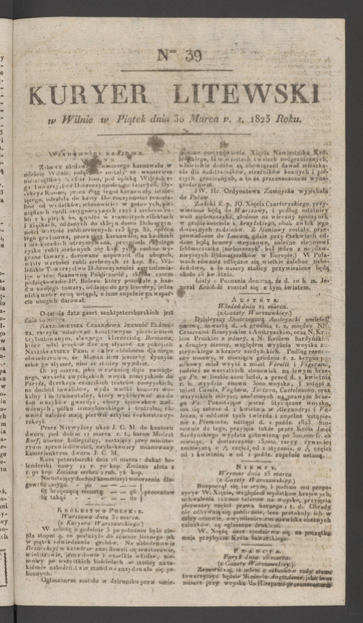 Kuryer Litewski. 1823, numer&nbsp;39