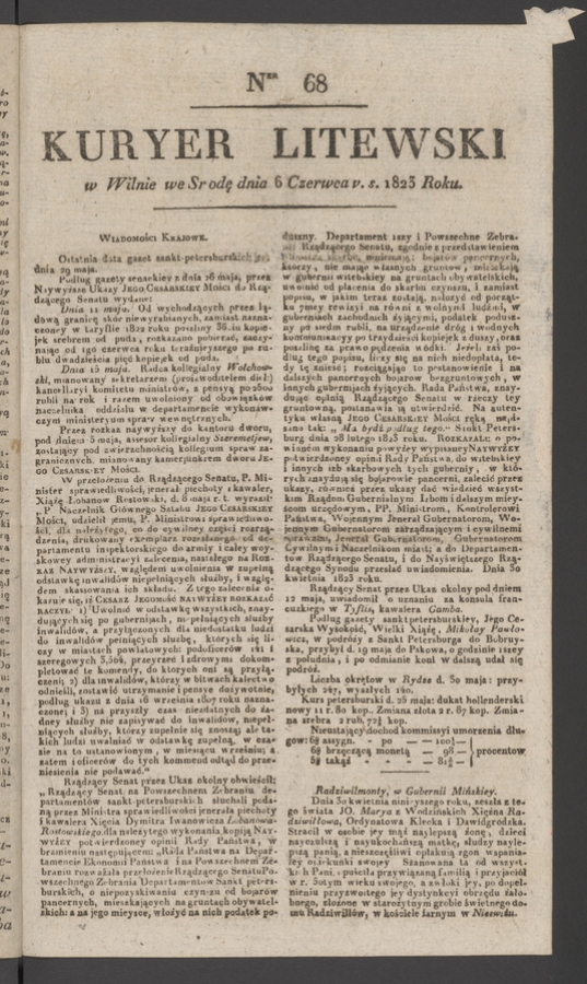 Kuryer Litewski. 1823, numer&nbsp;68