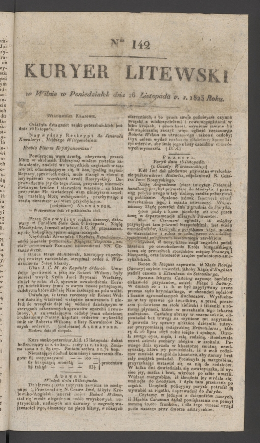 Kuryer Litewski. 1823, numer&nbsp;142