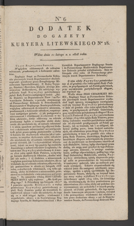 Dodatek do&nbsp;gazety Kuryera Litewskiego numeru&nbsp;18, 1828, numer&nbsp;6
