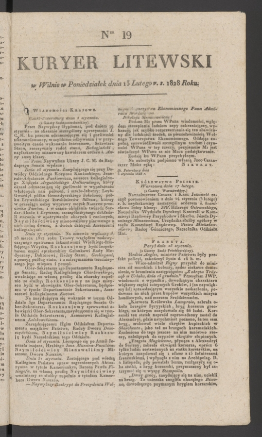 Kuryer Litewski. 1828, numer&nbsp;19