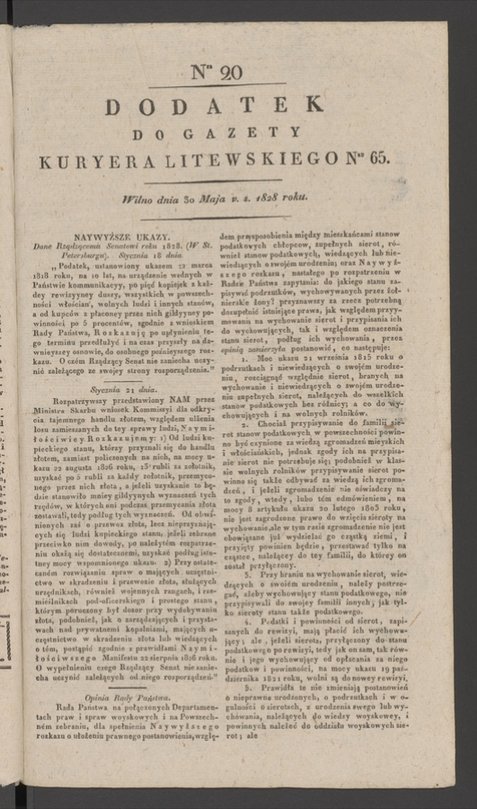 Dodatek do&nbsp;gazety Kuryera Litewskiego numeru&nbsp;65, 1828, numer&nbsp;20