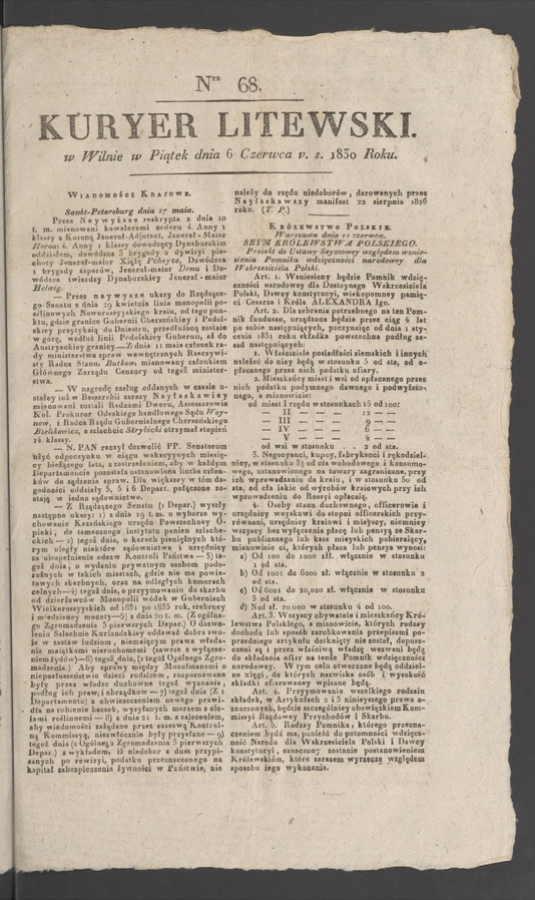 Kuryer Litewski. 1830, numer&nbsp;68