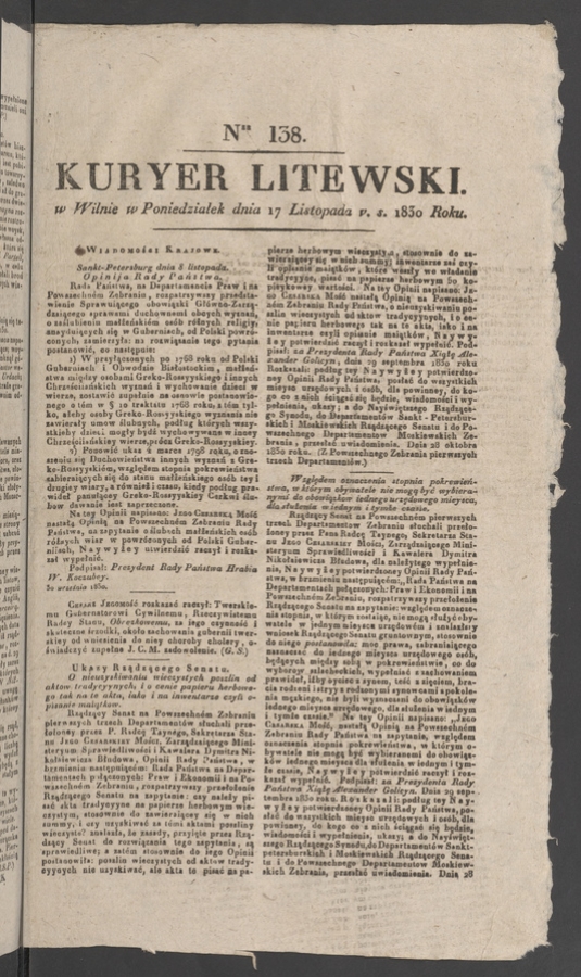 Kuryer Litewski. 1830, numer 138