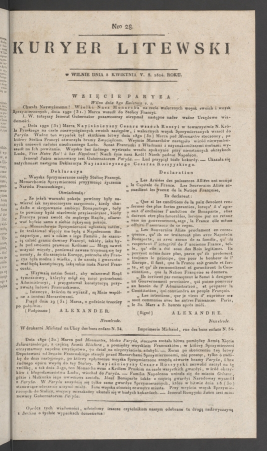 Kuryer Litewski. 1814, numero 28