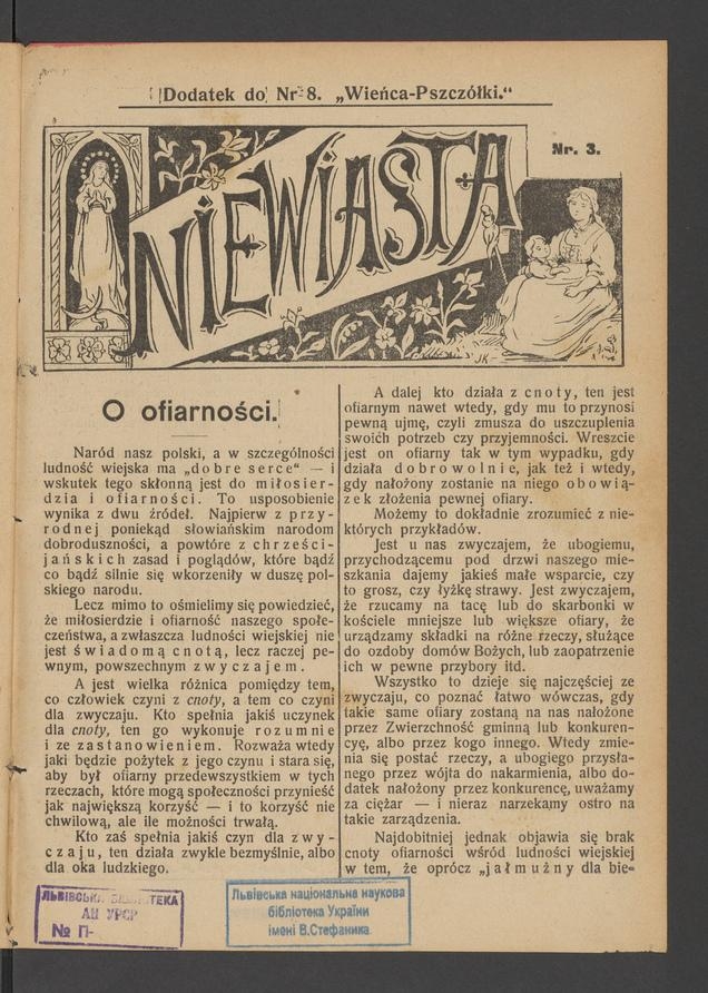 Niewiasta&nbsp;: dodatek do&nbsp;numeru&nbsp;8 &bdquo;Wieńca-Pszcz&oacute;łki&rdquo;. Rok&nbsp;9, 1909, numer&nbsp;3