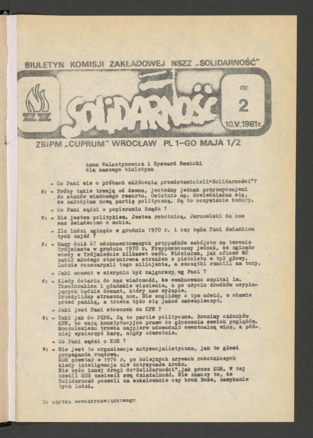 Biuletyn Komisji Zakładowej NSZZ &bdquo;Solidarność&rdquo; ZBiPM &bdquo;Cuprum&rdquo; Wrocław. 1981, numer&nbsp;2