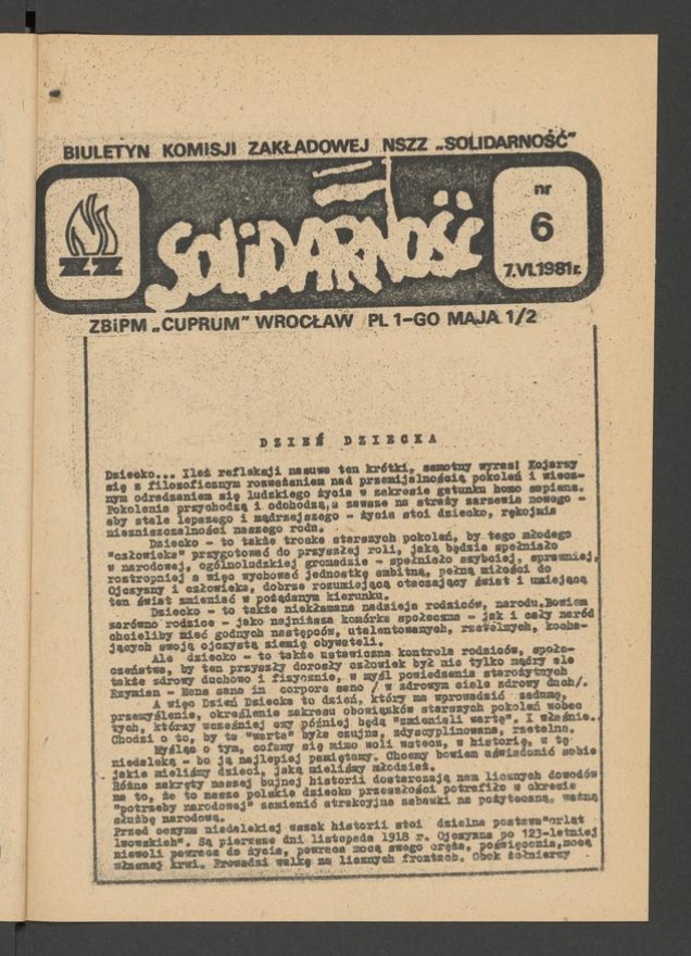 Biuletyn Komisji Zakładowej NSZZ &bdquo;Solidarność&rdquo; ZBiPM &bdquo;Cuprum&rdquo; Wrocław. 1981, numer&nbsp;6