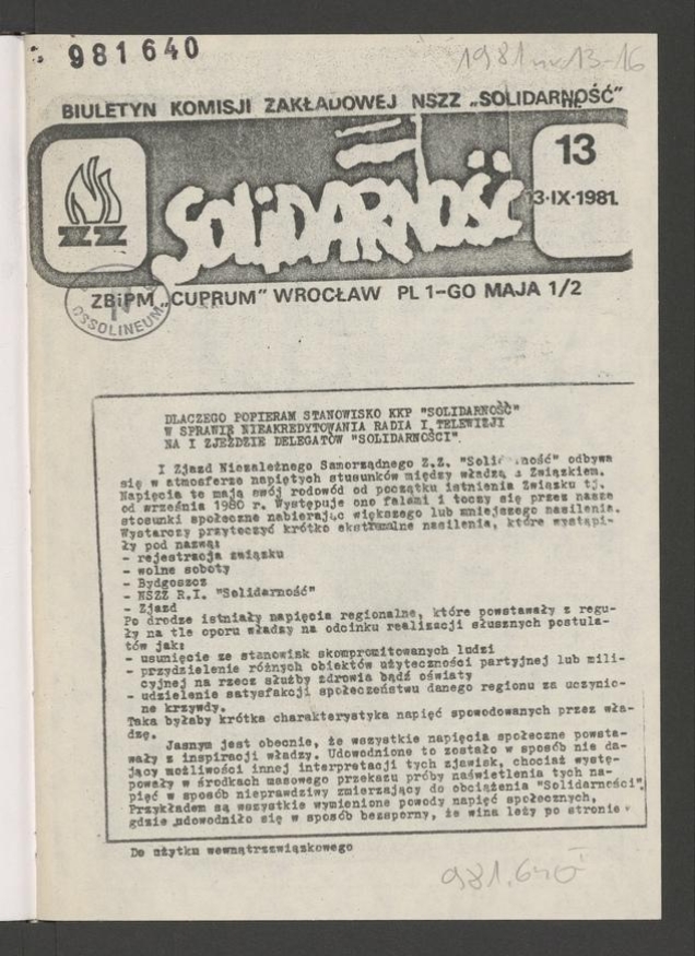 Biuletyn Komisji Zakładowej NSZZ &bdquo;Solidarność&rdquo; ZBiPM &bdquo;Cuprum&rdquo; Wrocław. 1981, numer&nbsp;13