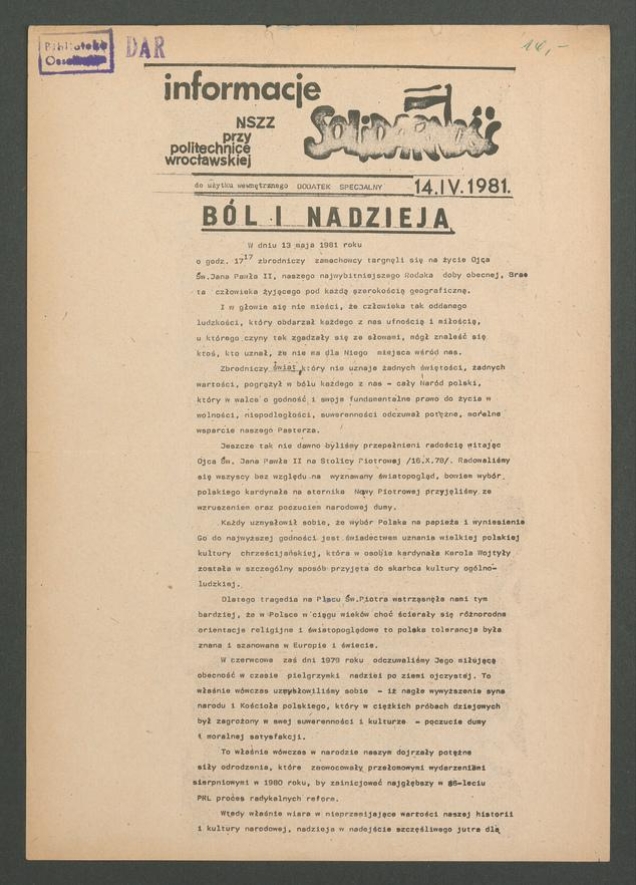 Informacje NSZZ &bdquo;Solidarność&rdquo; przy&nbsp;Politechnice Wrocławskiej, 1981.04.14, dodatek specjalny