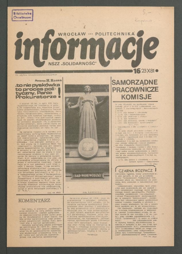 Informacje NSZZ „Solidarność” Wrocław Politechnika, 1981.10.23, numer 16