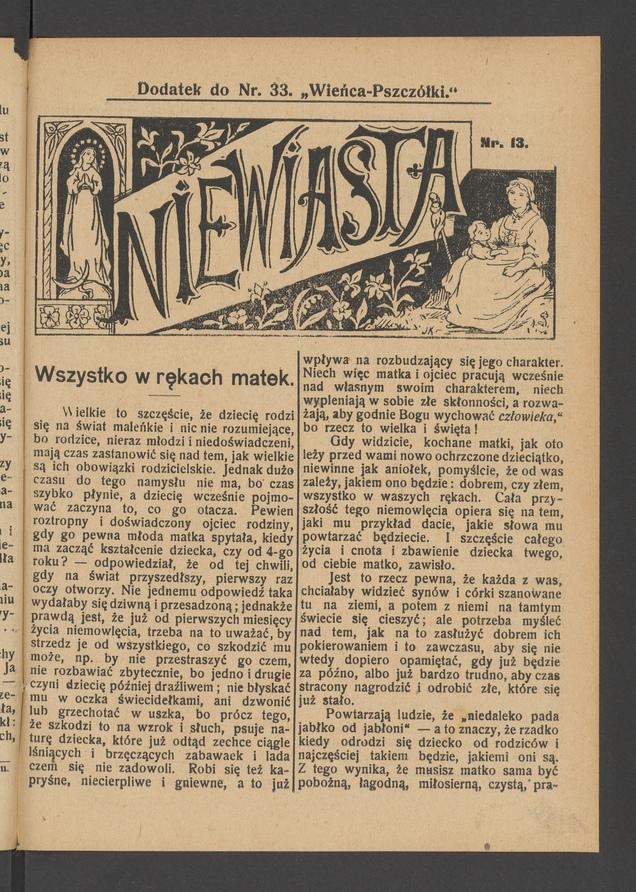 Niewiasta&nbsp;: dodatek do&nbsp;numeru&nbsp;33 &bdquo;Wieńca-Pszcz&oacute;łki&rdquo;. Rok&nbsp;9, 1909, numer&nbsp;13