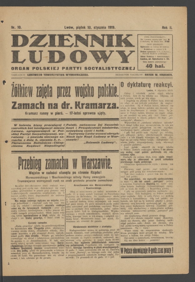 Dziennik Ludowy : organ Polskiej Partyi Socyalistycznej. Rok 2, 1919, numer 10