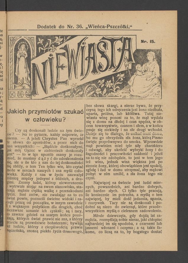 Niewiasta&nbsp;: dodatek do&nbsp;numeru&nbsp;36 &bdquo;Wieńca-Pszcz&oacute;łki&rdquo;. Rok&nbsp;9, 1909, numer&nbsp;15