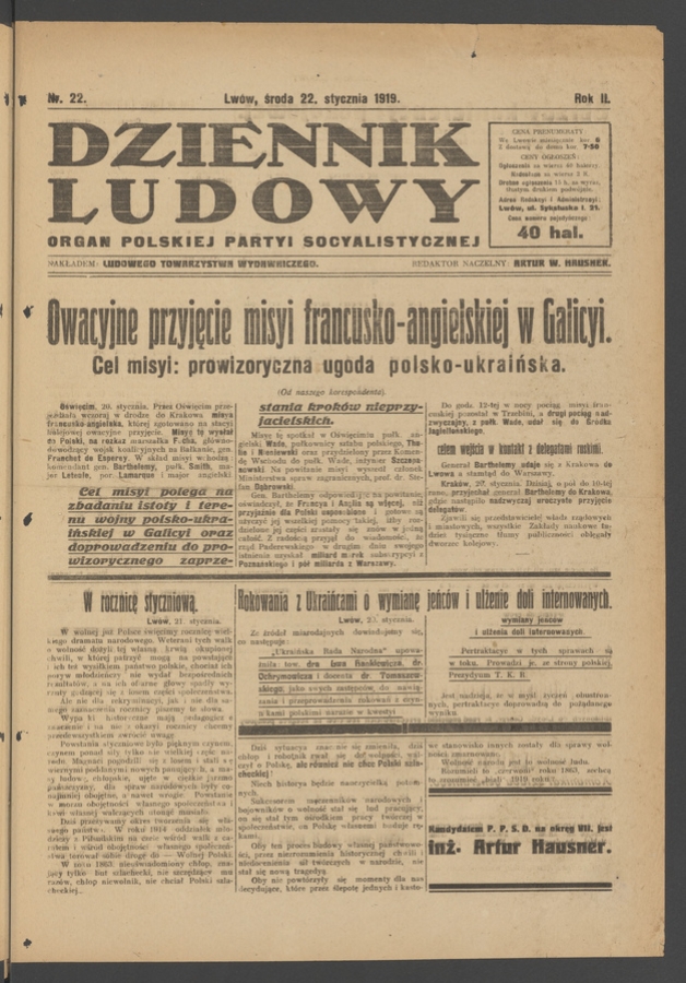 Dziennik Ludowy&nbsp;: organ Polskiej Partyi Socyalistycznej. Rok&nbsp;2, 1919, numer&nbsp;22