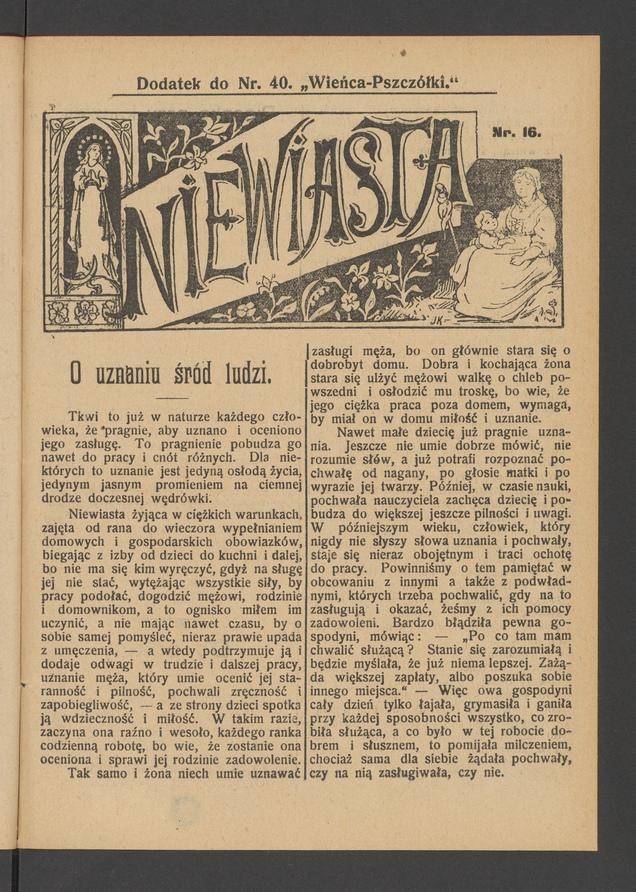 Niewiasta&nbsp;: dodatek do&nbsp;numeru&nbsp;40 &bdquo;Wieńca-Pszcz&oacute;łki&rdquo;. Rok&nbsp;9, 1909, numer&nbsp;16