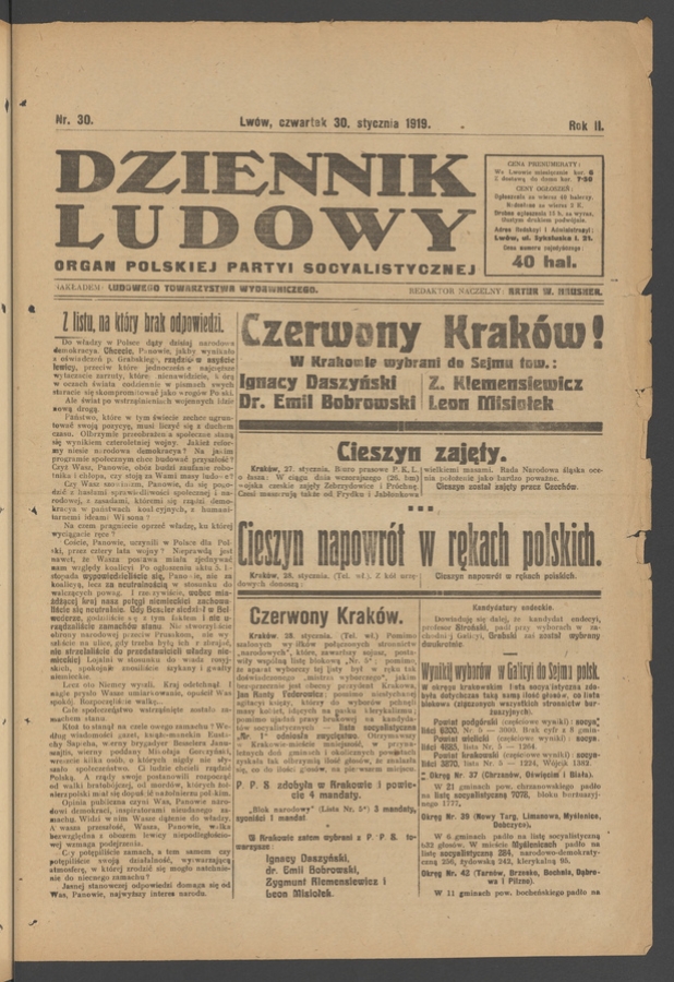 Dziennik Ludowy&nbsp;: organ Polskiej Partyi Socyalistycznej. Rok&nbsp;2, 1919, numer&nbsp;30