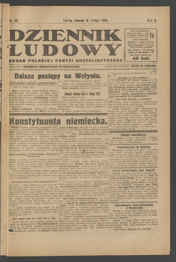 Dziennik Ludowy&nbsp;: organ Polskiej Partyi Socyalistycznej. Rok&nbsp;2, 1919, numer&nbsp;42