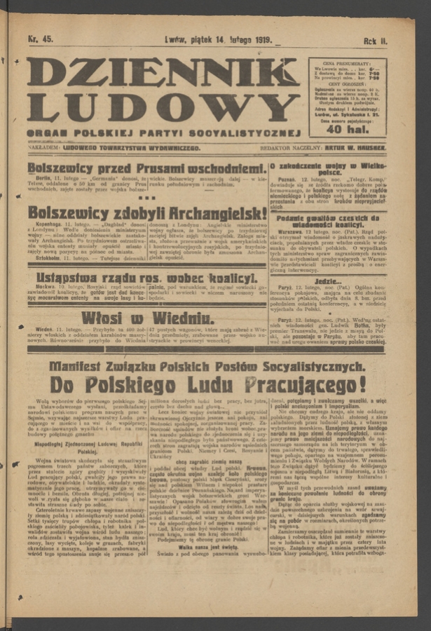 Dziennik Ludowy&nbsp;: organ Polskiej Partyi Socyalistycznej. Rok&nbsp;2, 1919, numer&nbsp;45
