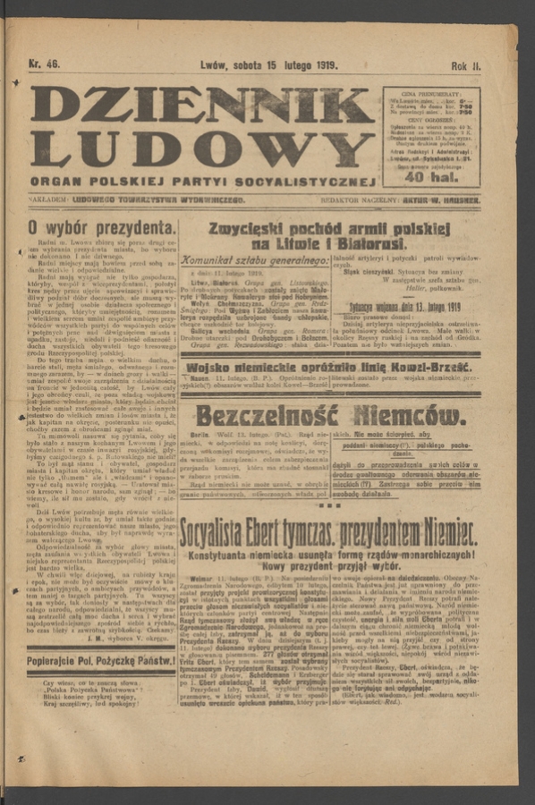 Dziennik Ludowy&nbsp;: organ Polskiej Partyi Socyalistycznej. Rok&nbsp;2, 1919, numer&nbsp;46