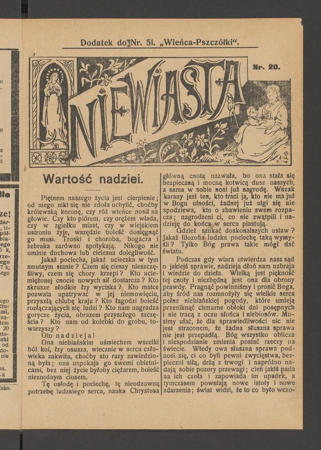 Niewiasta&nbsp;: dodatek do&nbsp;numeru&nbsp;51 &bdquo;Wieńca-Pszcz&oacute;łki&rdquo;. Rok&nbsp;9, 1909, numer&nbsp;20