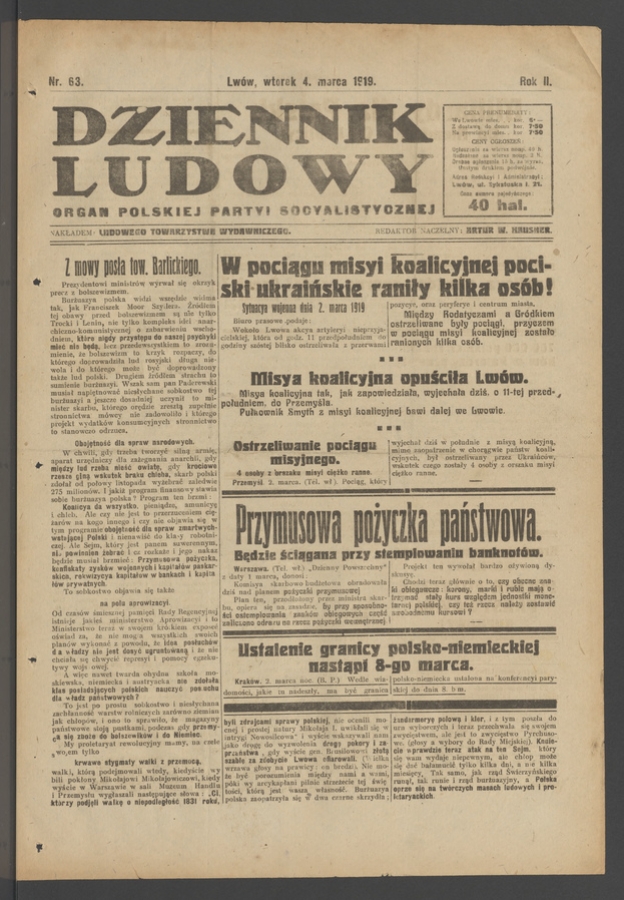 Dziennik Ludowy&nbsp;: organ Polskiej Partyi Socyalistycznej. Rok&nbsp;2, 1919, numer&nbsp;63