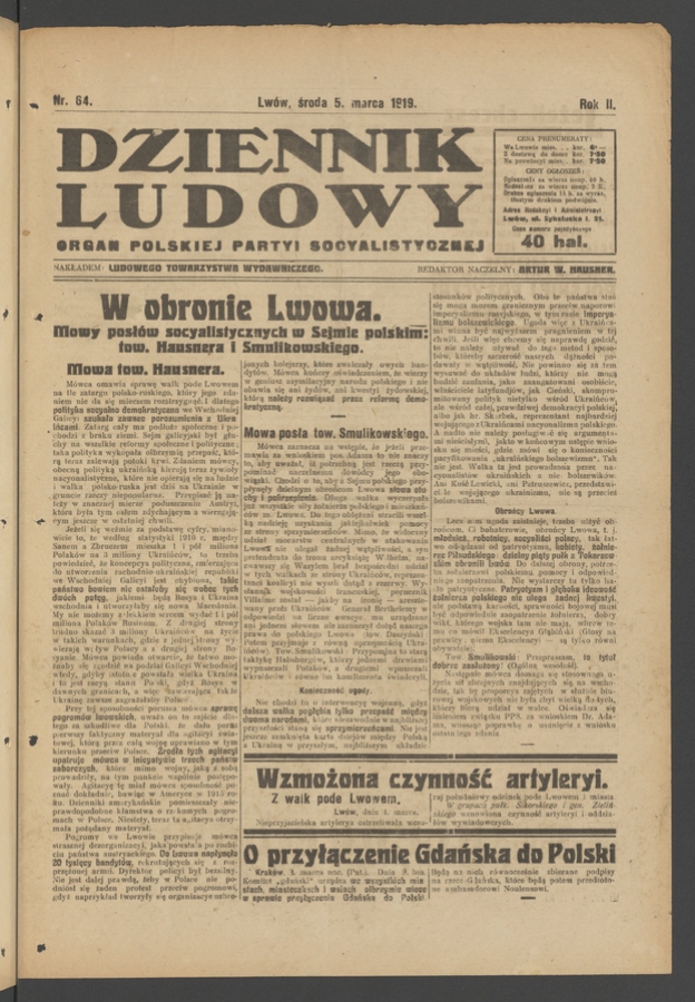 Dziennik Ludowy&nbsp;: organ Polskiej Partyi Socyalistycznej. Rok&nbsp;2, 1919, numer&nbsp;64