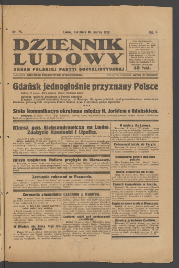 Dziennik Ludowy&nbsp;: organ Polskiej Partyi Socyalistycznej. Rok&nbsp;2, 1919, numer&nbsp;75