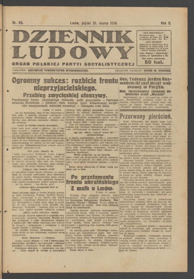Dziennik Ludowy&nbsp;: organ Polskiej Partyi Socyalistycznej. Rok&nbsp;2, 1919, numer&nbsp;80