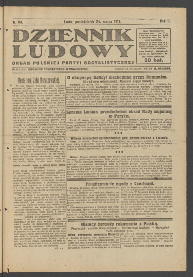 Dziennik Ludowy&nbsp;: organ Polskiej Partyi Socyalistycznej. Rok&nbsp;2, 1919, numer&nbsp;83