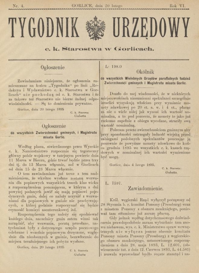 Tygodnik Urzędowy c.&nbsp;k. Starostwa w&nbsp;Gorlicach. Rok&nbsp;6, 1895, numer&nbsp;4