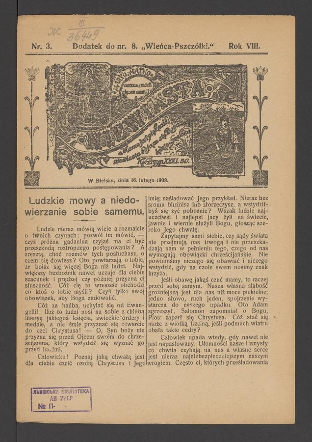Niewiasta : dodatek do&nbsp;numeru&nbsp;8 &bdquo;Wieńca-Pszcz&oacute;łki&rdquo;. Rok&nbsp;8, 1908, numer&nbsp;3