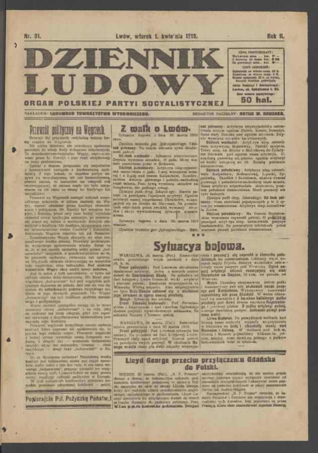 Dziennik Ludowy&nbsp;: organ Polskiej Partyi Socyalistycznej. Rok&nbsp;2, 1919, numer&nbsp;91